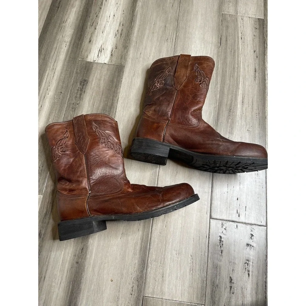 Men's Justin Leather Cowboy Boots Embroidered Round Toe Brown Size 10
